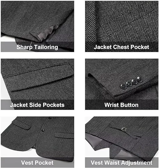 Retro 3 Piece Suit Tweed Herringbone Men's Suits Slim Fit Groom Tuxedos Set Prom Brown Grey Jacket Blazer Vest Pants