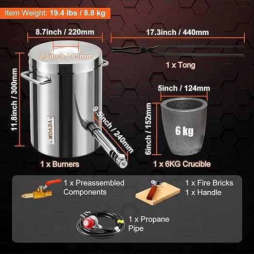 VEVOR 6KG Large Capacity Propane Melting Furnace Home Foundry Kiln, Blacksmithing Forge with Crucible & Tongs, Stainless Steel Smelter, for Metal Scrap Recycling, Gold Copper Silver Casting