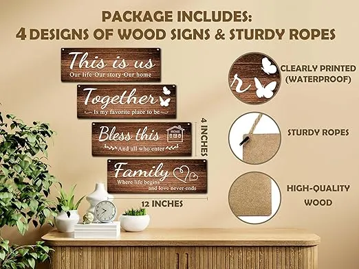 Zmyollo Family Wall Decor Sign, 4 Pieces Home Wooden Sign With Rope, This Is Us Together Bless This Family Wall Art Decor For Home Bedroom Living Room, Artwork Gifts For Family Friend Colleague, B10