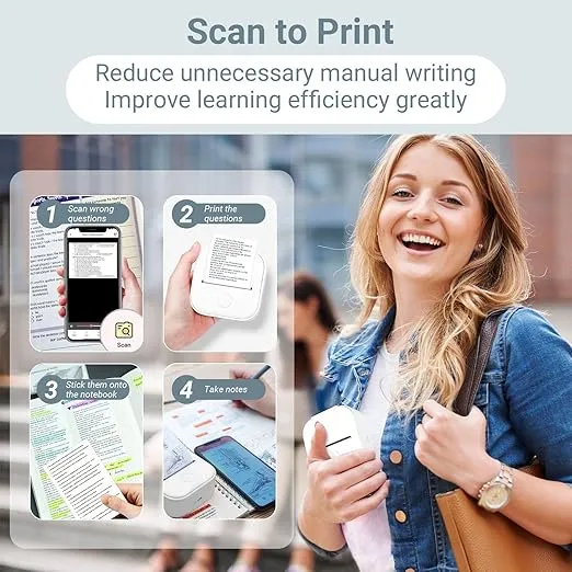 Memoking Mini Portable Printer - T02 Print Pods Mini Inkless Printer Pocket Thermal Sticker Printer Mini Sticker Printer Mobile Picture Printer for Student, Gift, White (Bunny Case Not Included)