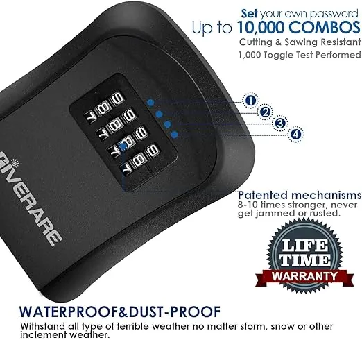GIVERARE Key Lock Box Combination, 4-Digit Lockbox Wall Mount, Waterproof Outdoor Key Hider, Resettable Code Safe Security Password Boxes with Mounting Kit for Home, Office, Garage-Black