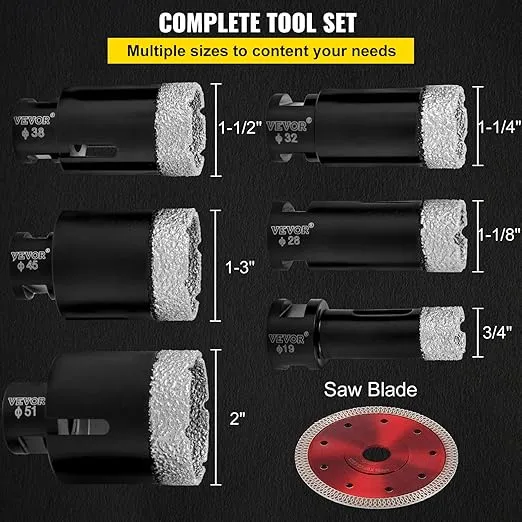 VEVOR 6PCS Diamond Drill Bits 3/4",1-1/8",1-1/4",1-1/2",1-3",2" Tile Diamond Hole Saw Kit Vacuum Brazed Diamond Drill Bit 0.59in Segment Tile Hole Saw w Storage Case for Tile Ceramic Porcelain Marble