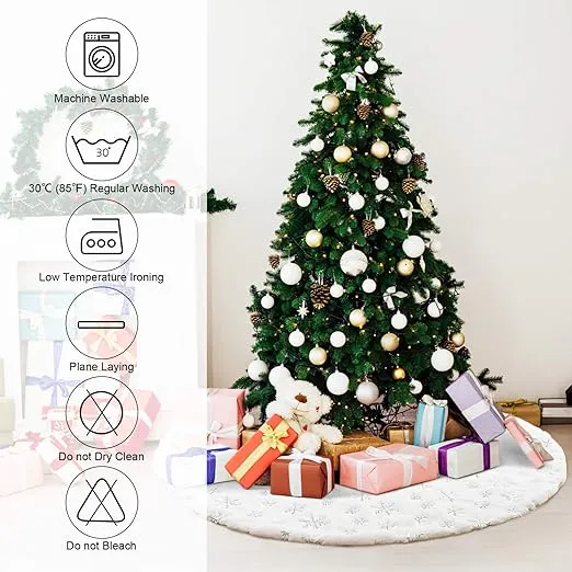 COOLWUFAN 48 Inches Christmas Tree Skirt for Xmas Tree Holiday Party Decorations White Plush Silver Sequin Snowflake (Silver)