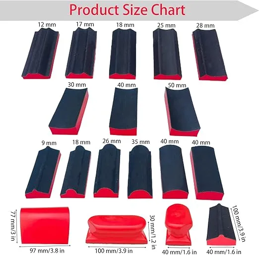 16-Piece Contoured Profile Hand Sanding Block Set with Hook and Loop Interchangeable Assorted Shapes Interchangeable Assorted Convex & Concave Shapes for Woodworking Furniture, Auto Paint and Crafts