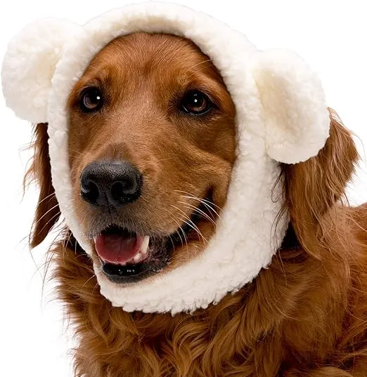 Furhaven Large to XL Dog Hat, Washable & Cozy - Sherpa Flex-Fit Polar Bear Dog Hat Costume - Cream, Large to Extra Large