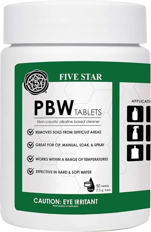 Five Star PBW Tablets - 2.5 g (1 Tablet per 32 oz. of Water) 50 ct - Bottle, Growler, Keg Cleaner