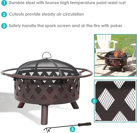 Sunnydaze 30-Inch Bronze Crossweave Wood-Burning Fire Pit - Includes Cover, Spark Screen, and Fireplace Poker