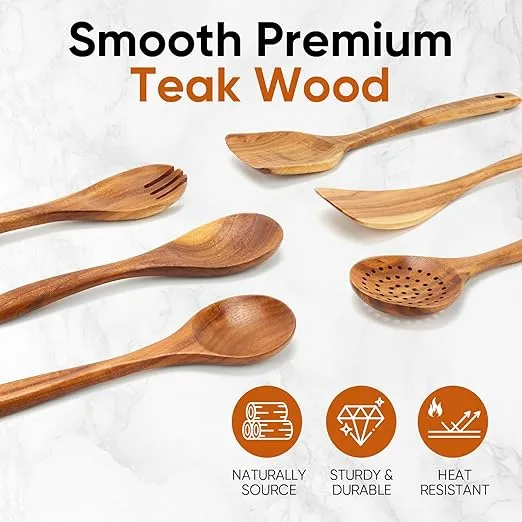 6 Piece Wooden Spoons for Cooking,Smooth Finish Teak Wooden Utensils for Cooking, Comfort-Grip Wood Spoons for Cooking, Non-Stick Wooden Cooking Utensils,Teak Wooden Spoon Sets (6 PCS)