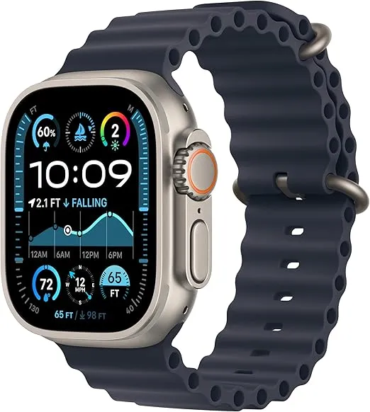 Apple Watch Ultra 2 [GPS + Cellular 49mm] Smartwatch, Sport Watch with Natural Titanium Case with Navy Ocean Band. Fitness Tracker, Precision GPS, Action Button, Extra-Long Battery Life