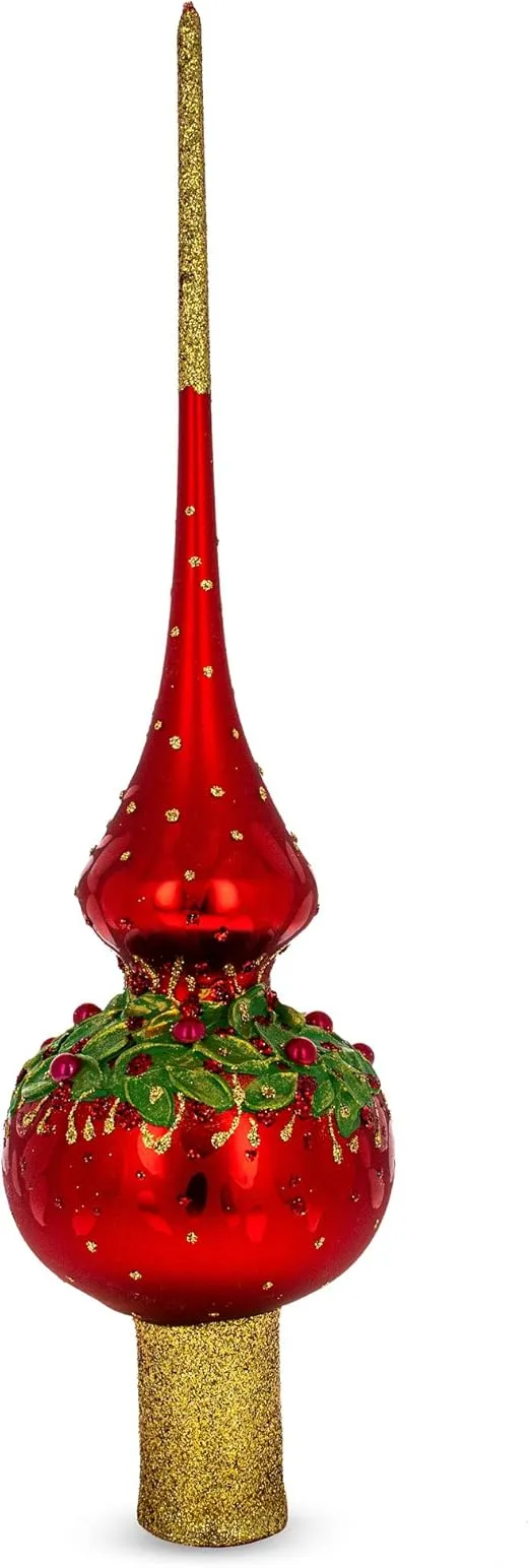 Red Pearls and Poinsettia Flowers on Glossy Red Blown Glass Christmas Tree Topper 11 Inches