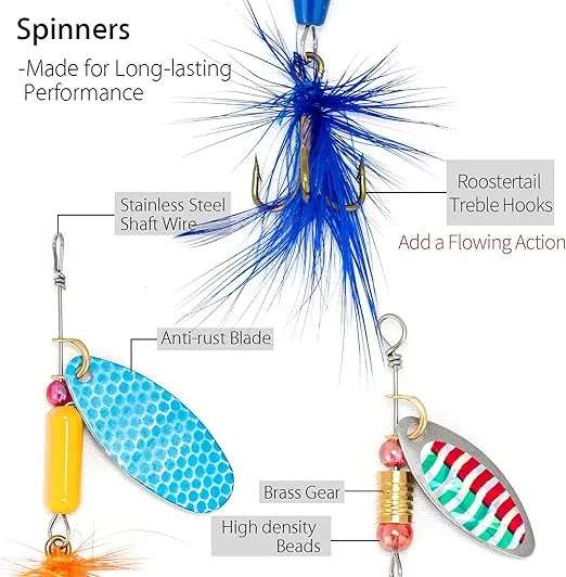 Dr.Fish 60 Pieces Fishing Lures Kit, 5 Tackle Box with Tackle Included, Fishing Spinner Lure Set Rooster Tail Lures Kits Trout Lures Freshwater Crappie Bass Walleye Bait Assorted