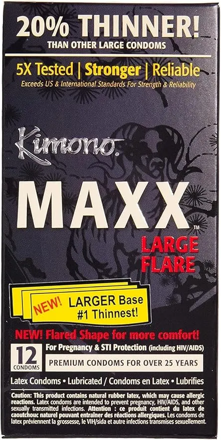 Kimono MAXX Large Flare Condoms - Premium Lubricated Natural Latex Condoms, Thin, Unique Flared Design, Extra Room, Vegan-Friendly, No Latex Odor - Strength & Sensitivity - Pack of 12