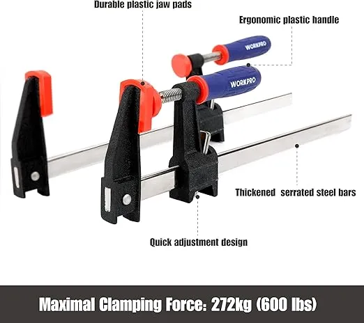 WORKPRO 12-Inch Steel Bar Clamps Set, 2-pack Quick-Release Clutch Style Bar Clamps with 2-1/2" Throat, Micro-Adjustment Handle and 600 lbs Load Limit, Steel F Clamp for Woodworking, Metalworking, DIY