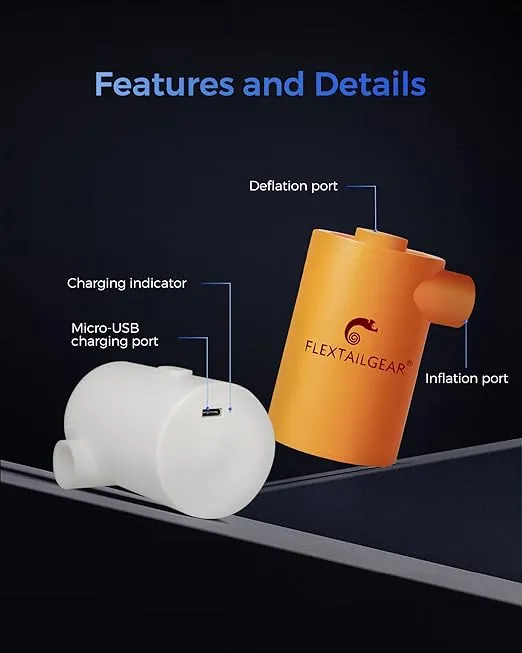 FLEXTAILGEAR MAX Pump 2020 Portable Air Pump with 3600mAH Battery USB Rechargeable Air Pump-Quick Inflate Deflate for Sleeping Pads, Air Mattress, Pool Toys, Floats, Swimming Ring, Air Bed (Orange)