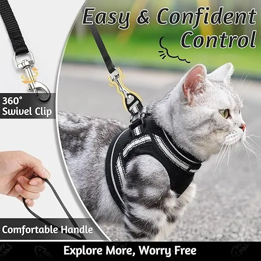 rabbitgoo Cat Harness and Leash Set for Walking Escape Proof, Adjustable Soft Kittens Vest with Reflective Strip for Cats, Comfortable Outdoor Vest, Black, M