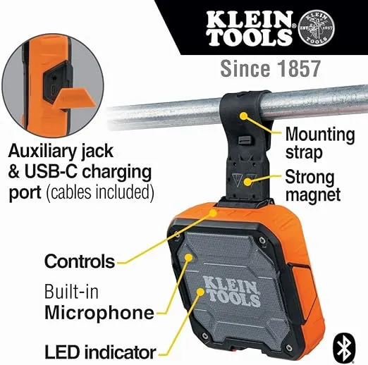 Klein Tools AEPJS2 Bluetooth Speaker With Magnetic Strip and Hook, Rechargeable, Wireless and Aux Capable, Hands Free Capable, 10 Hr Run Time, IP54 Dust and Water Resistant