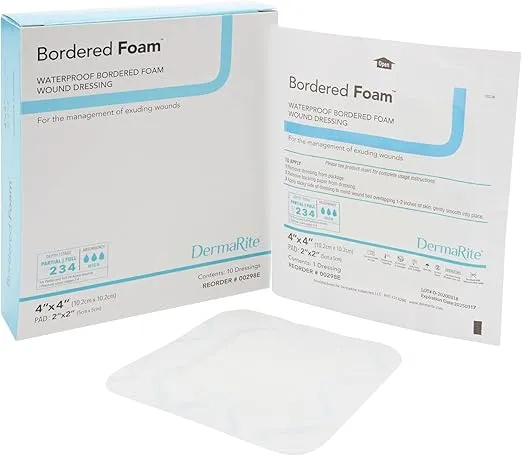DermaRite Industries Waterproof Bordered Foam Advanced Wound Care Dressing, 4 x 4", 0.5 Pound