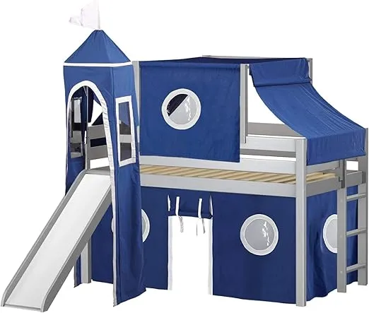 JACKPOT! Castle Low Loft Bed with Slide, Blue and White Tent and Tower, Twin, Gray