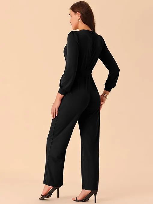 Seta T Women's Long Sleeve V Neck Jumpsuit Belted Stretchy Wide Leg Long Pant Romper with Pockets