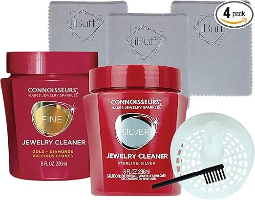 Connoisseurs 8 Fl oz. Precious Jewelry Cleaner, 8 Fl oz Silver Jewelry Cleaner, & Ultrasound All Purpose Jewelry Polishing Cloth 5IN X 6IN - 3 PACK
