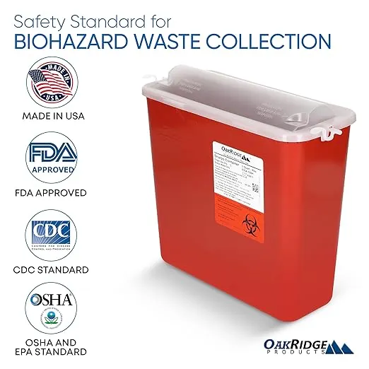 Oakridge Products Sharps Container for Home Use and Professional 5 Quart (20-Pack), Biohazard Needle and Syringe Disposal, Horizontal Drop Style Lid with levers, CDC Certified