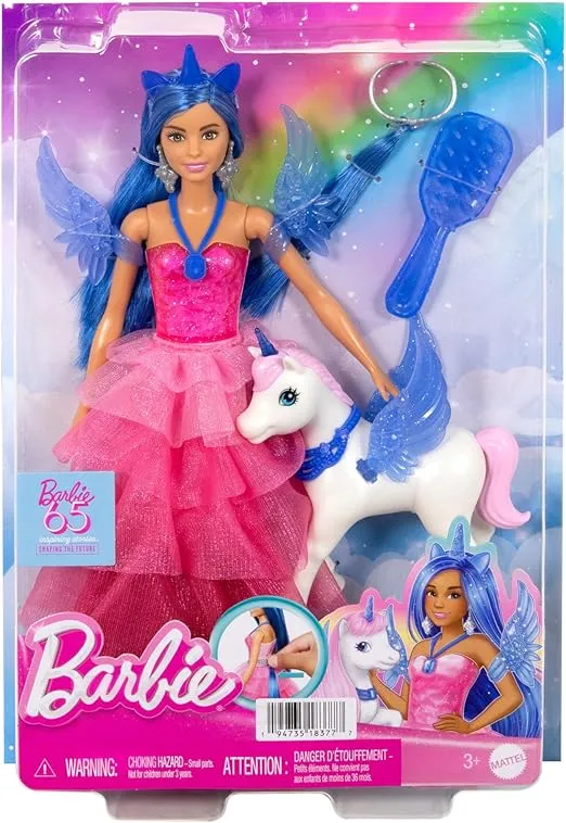 Barbie Unicorn Toy, 65th Anniversary Commemorative Doll with Blue Hair, Pink Gown and Accessories Like Sapphire Wings and Pet Alicorn, HRR16