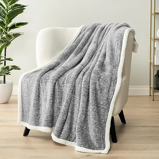 PAVILIA Melange Light Gray Sherpa Blanket Throw Couch, Warm Soft Cozy Reversible Blanket Sofa Bed, Thick Plush Large Fleece Car Blanket, Decorative Home Room Decor Gifts Men Women, 50x60 Light Grey