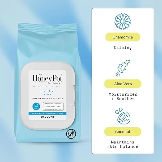 The Honey Pot Company - Feminine Wipes - Daily PH Balancing, Fragrance & Sulfate Free Wipes for Intimate Parts, Body, or Face - Feminine Products - Sensitive 30 ct.
