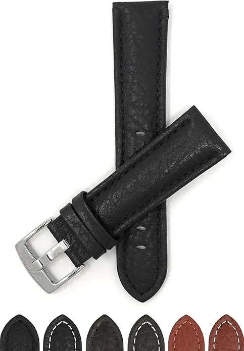 Bandini Mens Leather Watch Band Regular or XL Extra Long Watch Strap, Classic or Buffalo Pattern - 4 Colors, With or Without Stitch - 18mm 20mm 22mm 24mm 26mm 28mm 30mm Leather Watch Band for Men