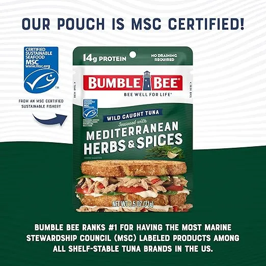 Bumble Bee Mediterranean Herbs & Spices Seasoned Tuna, 2.5 oz Pouch - Ready to Eat - Wild Caught Tuna Packet - 14g Protein per Serving - Gluten Free