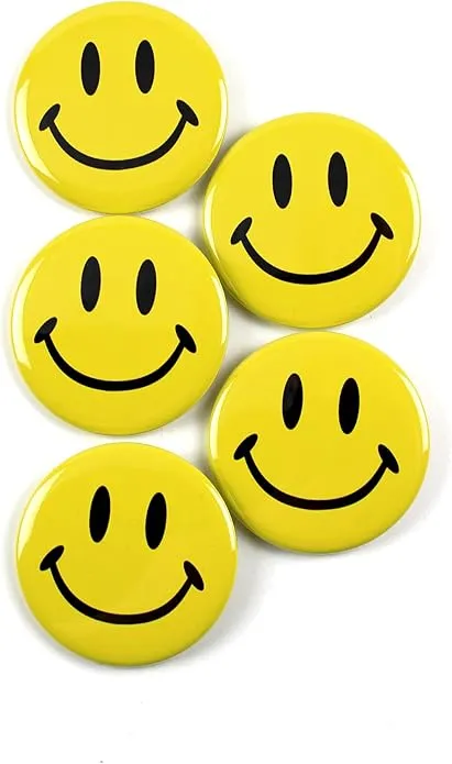 Classic Smiley Face Pinback Buttons - 2.25 Inch Round - 5 Pack
