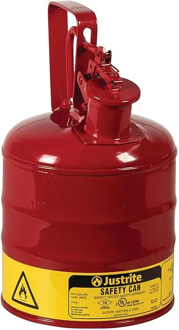 Justrite 1 Gallon Type I Red Safety Gas Can for Gasoline with Flame Arrester, Self-Closing Lid, and Trigger Handle, Made in the USA, Galvanized Steel Flammable Storage Can, 10301