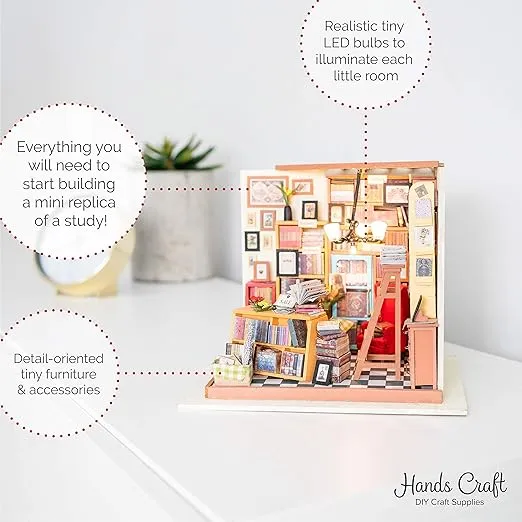 Hands Craft DIY Miniature Dollhouse Kit - Sam's Study 3D Model Tiny House Building with LED Lights Wood Prefabricated Pieces Puzzle 1:24 Scale Crafts for Adults and Teens DG102