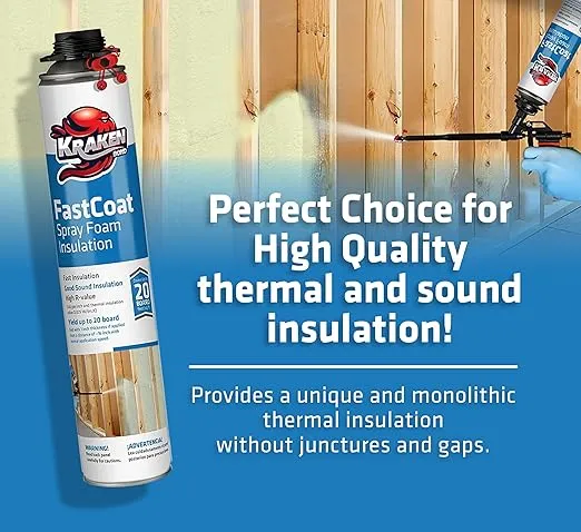 Kraken Bond Fastcoat Spray Foam Insulation Kit - (12x27.1 oz.) Closed Cell Expanding Polyurethane Foam - Heat and Acoustic Insulation, Includes Application Gun & Cleaner, 240 Board Ft, 12 Pack