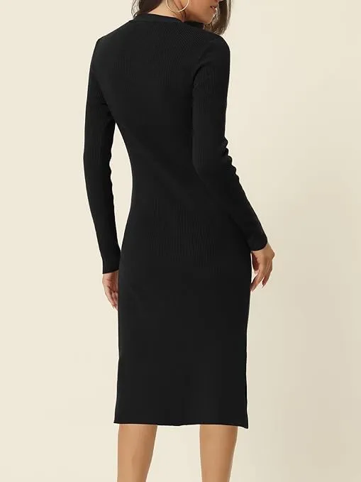 Seta T Women's Spring Fall Slit Hem Long Sleeve Ribbed Knit Dresses Square Neck Sweater Dress