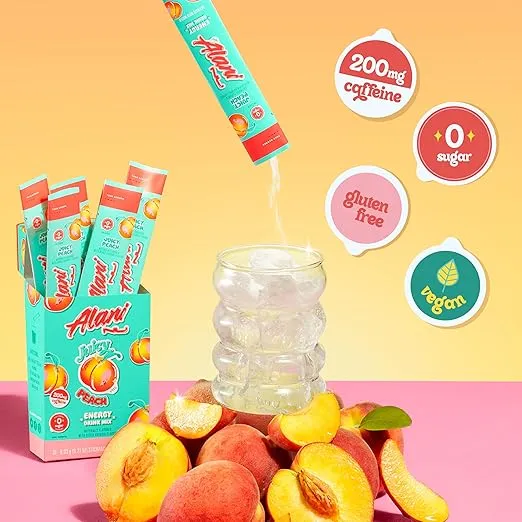 Alani Nu JUICY PEACH Energy Sticks | Energy Drink Powder | 200mg Caffeine | Pre Workout Performance with Antioxidants | On-The-Go Drink Mix | Biotin, B Vitamins | Zero Sugar | 10 Calories | 10 Pack