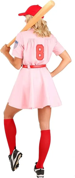 A League of Their Own Dottie Costume for Adults | Pink Vintage Baseball Dress with Hat, Belt, Numbers, and Socks