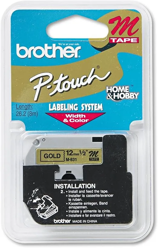 Brother M831 M Series Labeling Tape for P-Touch Labelers, 1/2-Inch w, Black on Gold