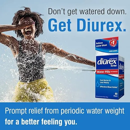 Diurex Ultra Re-Energizing Water Pills - Relieve Water Bloat - Feel Better & Less Heavy - 80 Count