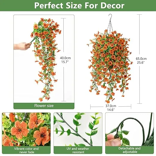 INQCMY Artificial Fake Hanging Mums Flowers Plants with Basket for Fall Autumn Outdoor Decor,Faux Silk Orange Daisy in Planter UV Resistant Look Real for Home Garden Porch Patio Yard Decoration