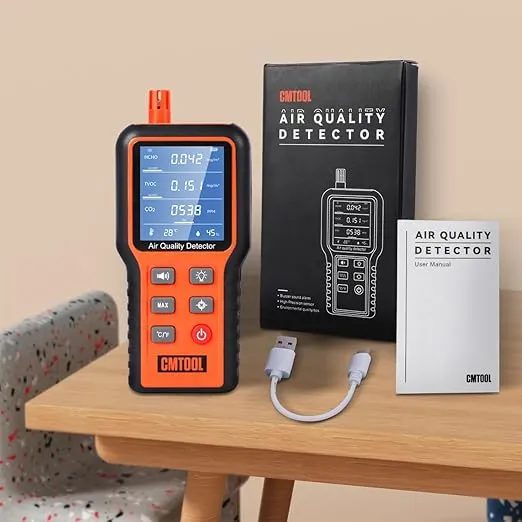 CMTOOL Air Quality Monitor Outdoor Indoor Air Quality Test Kit HCHO TVOC Detector Portable Carbon Dioxide Monitor Home CO2 Detector Temperature Humidity Meter Formaldehyde Air Tester Digital Sensor