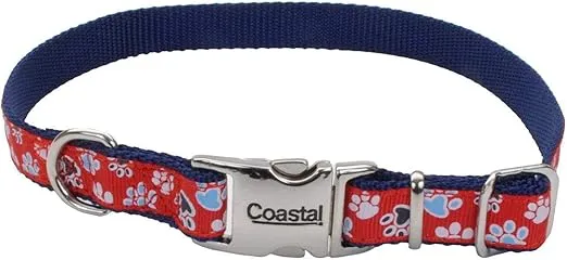 Coastal Pet - Ribbon - Adjustable Dog Collar with Metal Buckle, Red with Paws, 5/8" x 12"-18"
