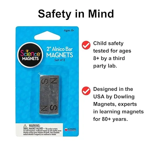 Dowling Magnets 2-Inch Alnico Bar Magnets, Set of Two Magnets (Bar Magnets for Science Classroom) with North and South Poles Clearly Marked/Stamped. Learning Magnets. Item 731012.
