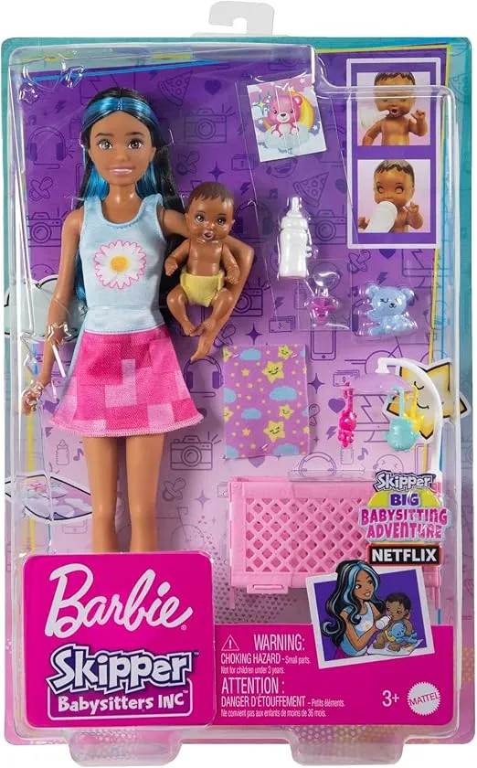 Barbie Skipper Babysitters Inc Doll & Accessories, Crib Playset with Doll, Baby Doll with Sleepy Eyes, Furniture & Accessories