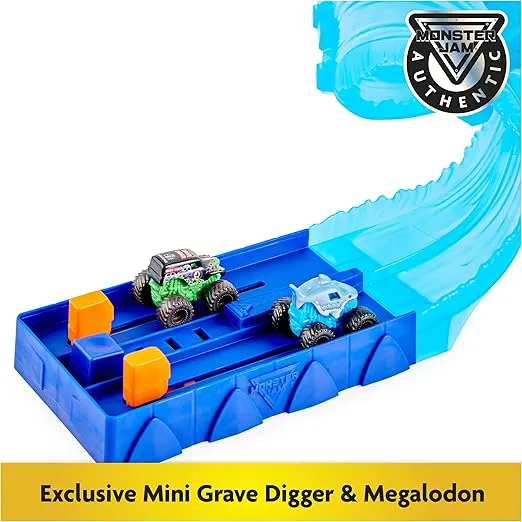 Monster Jam, Mini Megalodon Race and Chomp Playset with 2 Monster Jam Mini Trucks, 1:87 Scale, Kids Toys for Boys and Girls Ages 4-6+