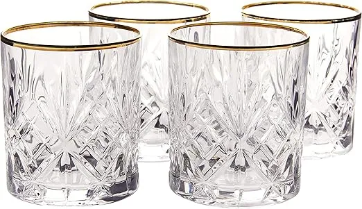 Lorren Home Trends Siena Collection Crystal Double Old Fashion Beverage Glass with Gold Band Design, Set of 4,10 FL OZ