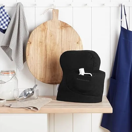 KITCHENAID Fitted Tilt-Head Solid Stand Mixer Cover with Storage Pocket, Quilted 100% Cotton, Onyx Black, 14.4"x18"x10"