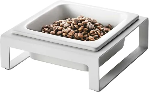 Yamazaki Home Tower Raised Ceramic Pet Food Or Water Bowl with Metal Stand for Cats Or Small Dogs - Short - 1.25, White