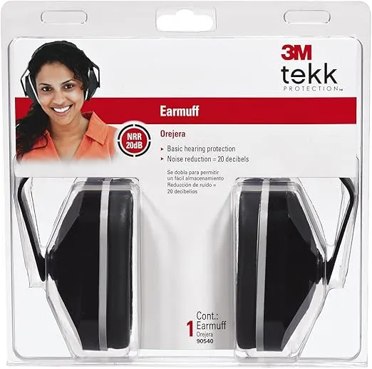 3M Safety TEKK Protection Basic Earmuff, Noise Reduction Rating (NRR) 20 dB, Fully Adjustable Ear Muffs, Soft Foam Ear Cushions Offer All Day Comfort, Black, One Size Fits Most (90540)
