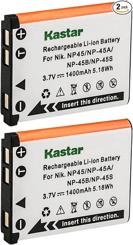 Kastar 2-Pack NP-45 Battery for Fujifilm NP-45A, NP-45B, NP-45S and Fujifilm FinePix XP20 XP30 XP50 XP60 T500 T510 T550 JX520 JX550 JX700 JX710 JZ700 J100 J120 J210 J250 Z800 Z900 Z950 Digital Camera